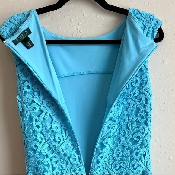 Lauren Ralph Lauren Aqua Lace Sheath Dress Size 2 Wedding Guest Cocktail Dress - Picture 4 of 13